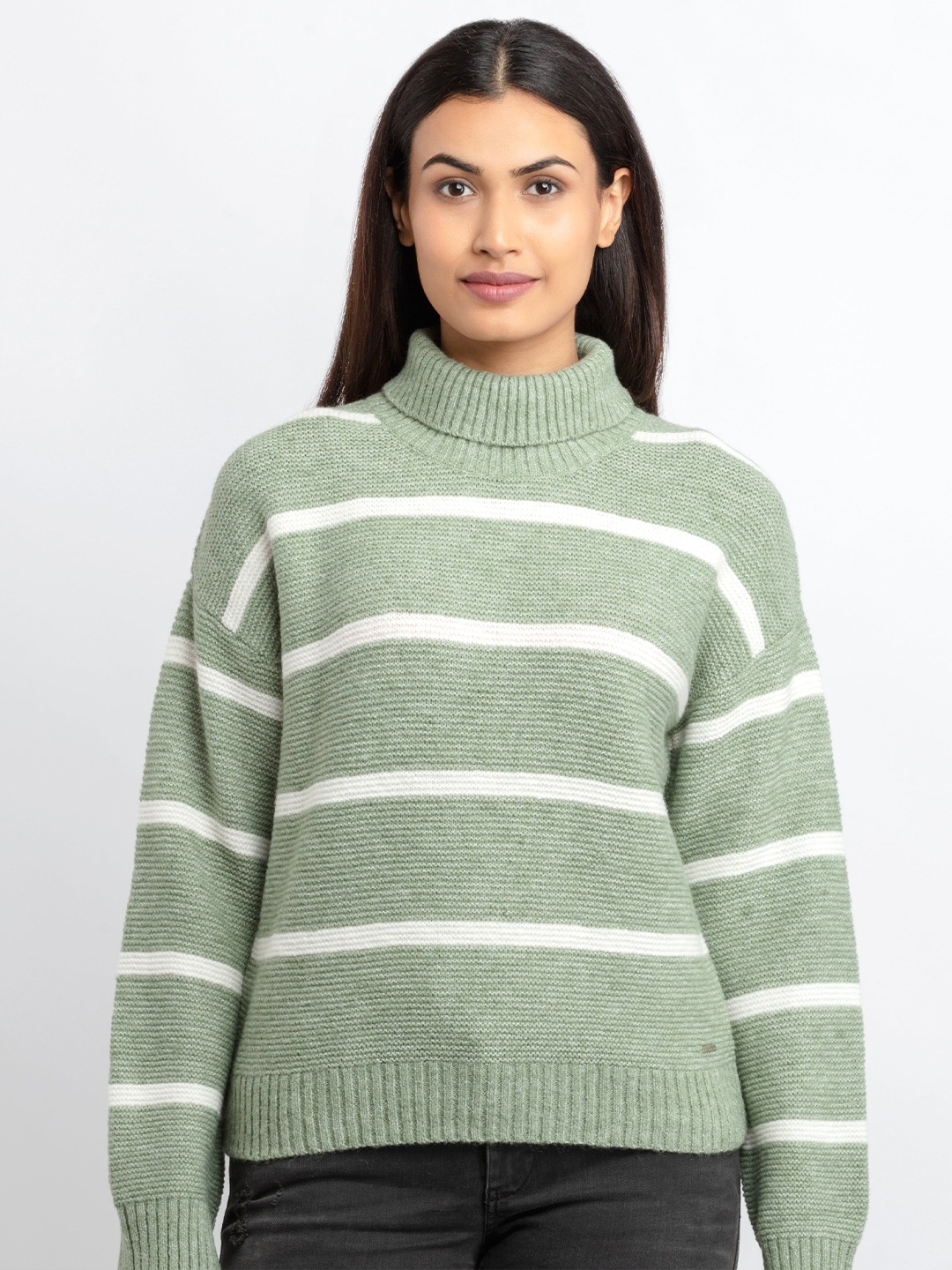 

Status Quo Women Olive Green Striped Pullover
