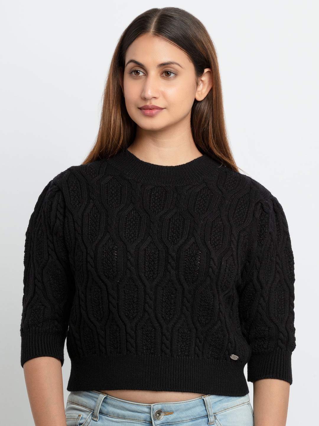 

Status Quo Women Black Cable Knit Pullover