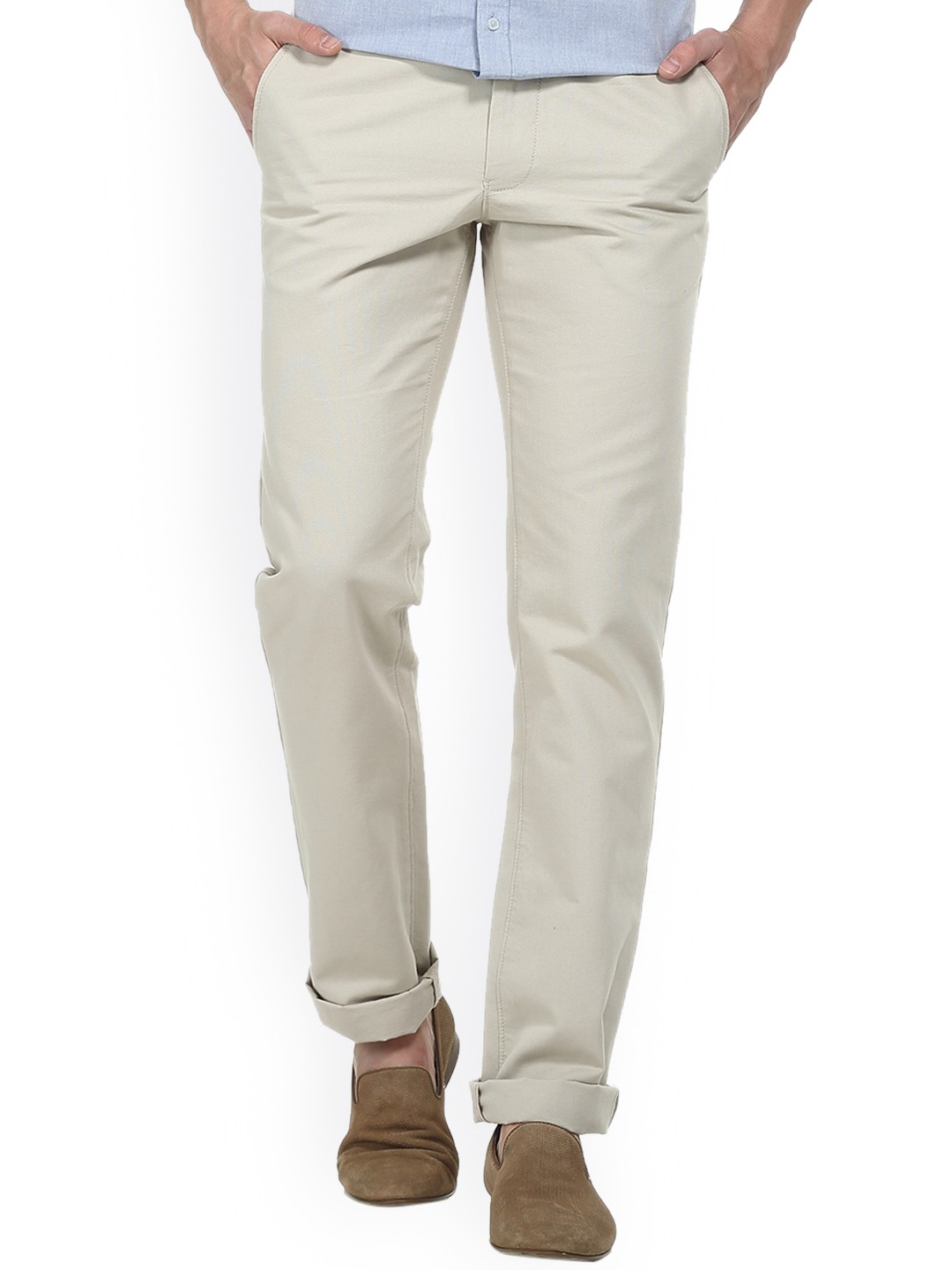 

Basics Men Beige Slim Fit Self Design Regular Trousers