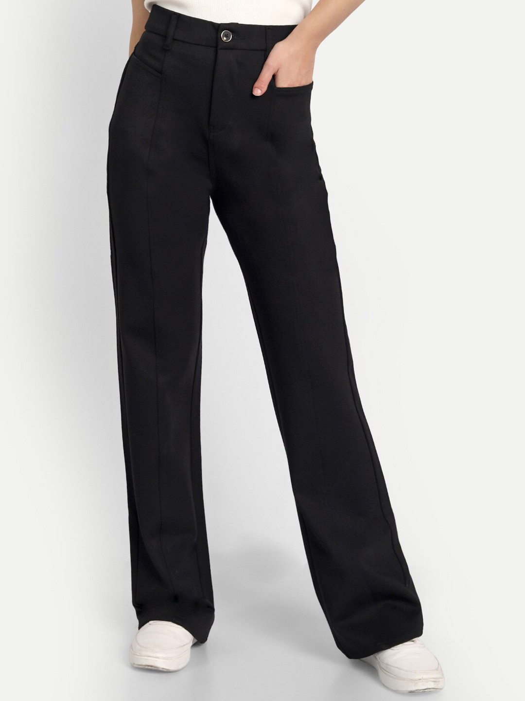 

Next One Women Black Straight Leg High-Rise Easy Wash Trousers