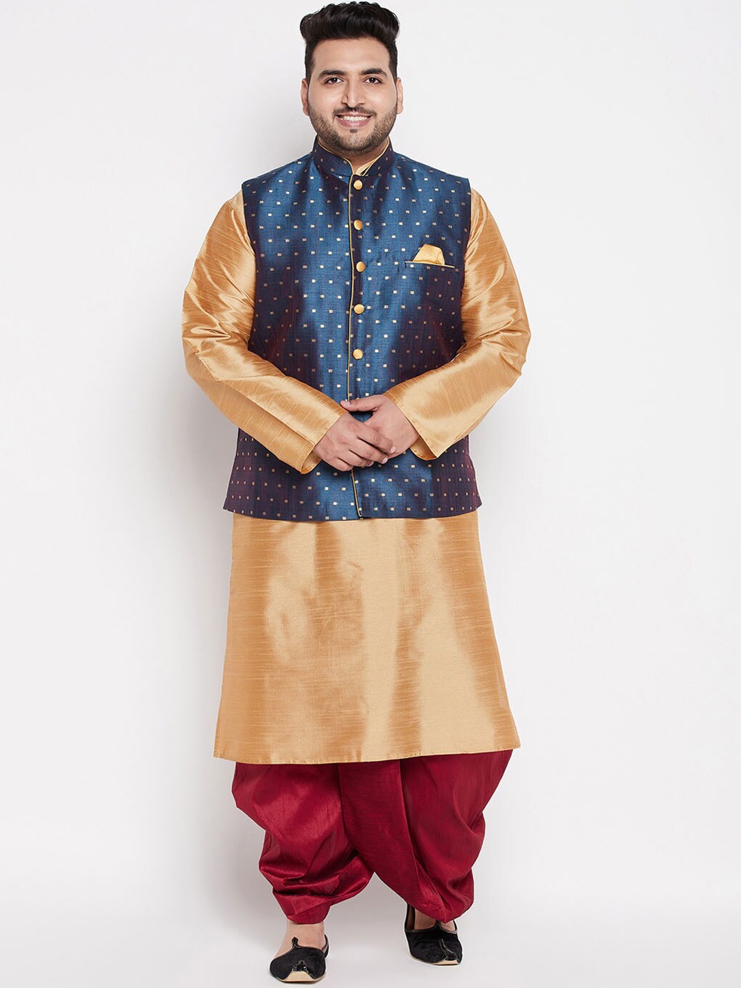 

VASTRAMAY Men Rose Gold Kurta with Dhoti Pants & Nehru Jacket