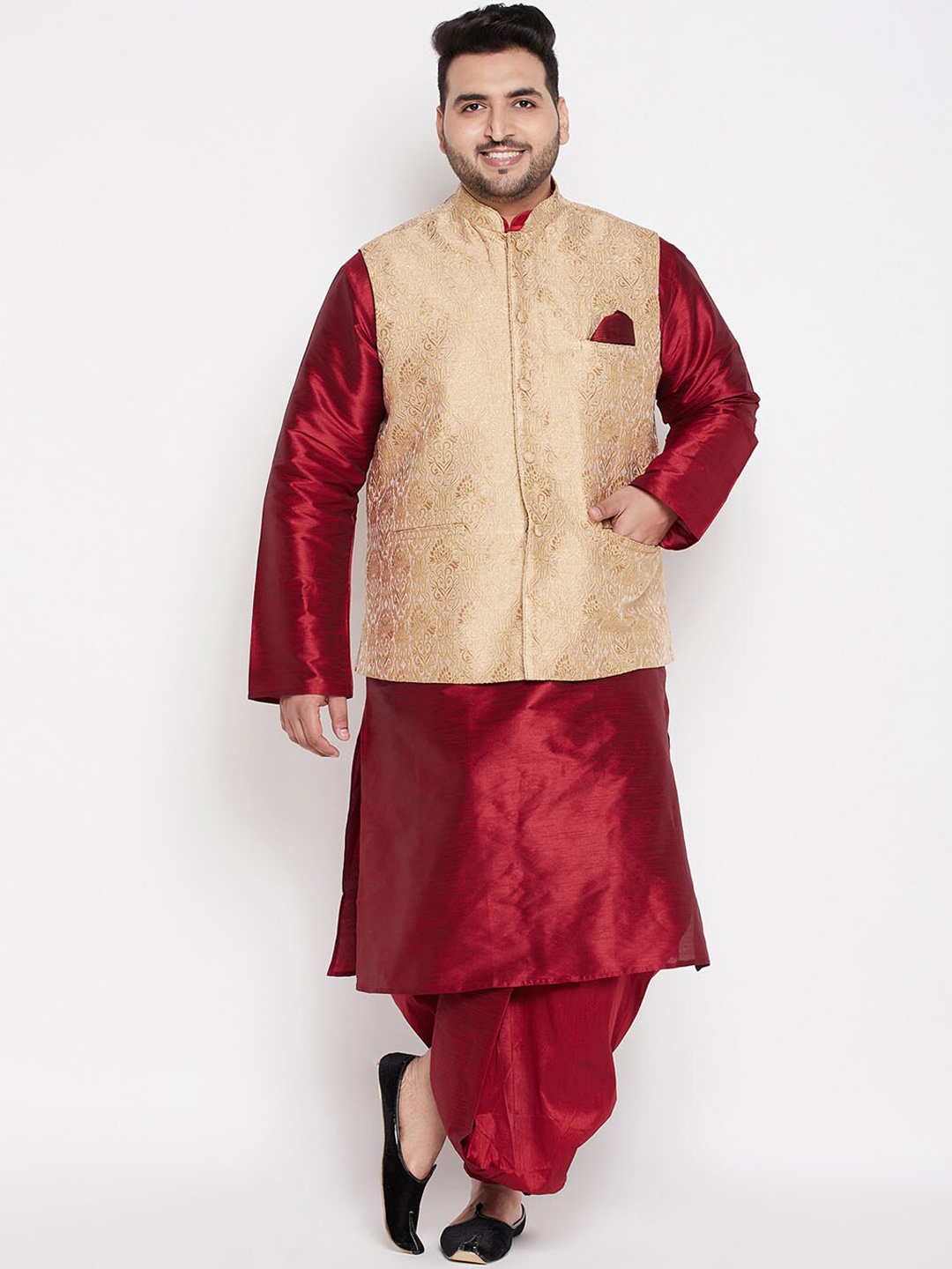 

VASTRAMAY Men Maroon Kurta with Dhoti Pants & Nehru Jacket