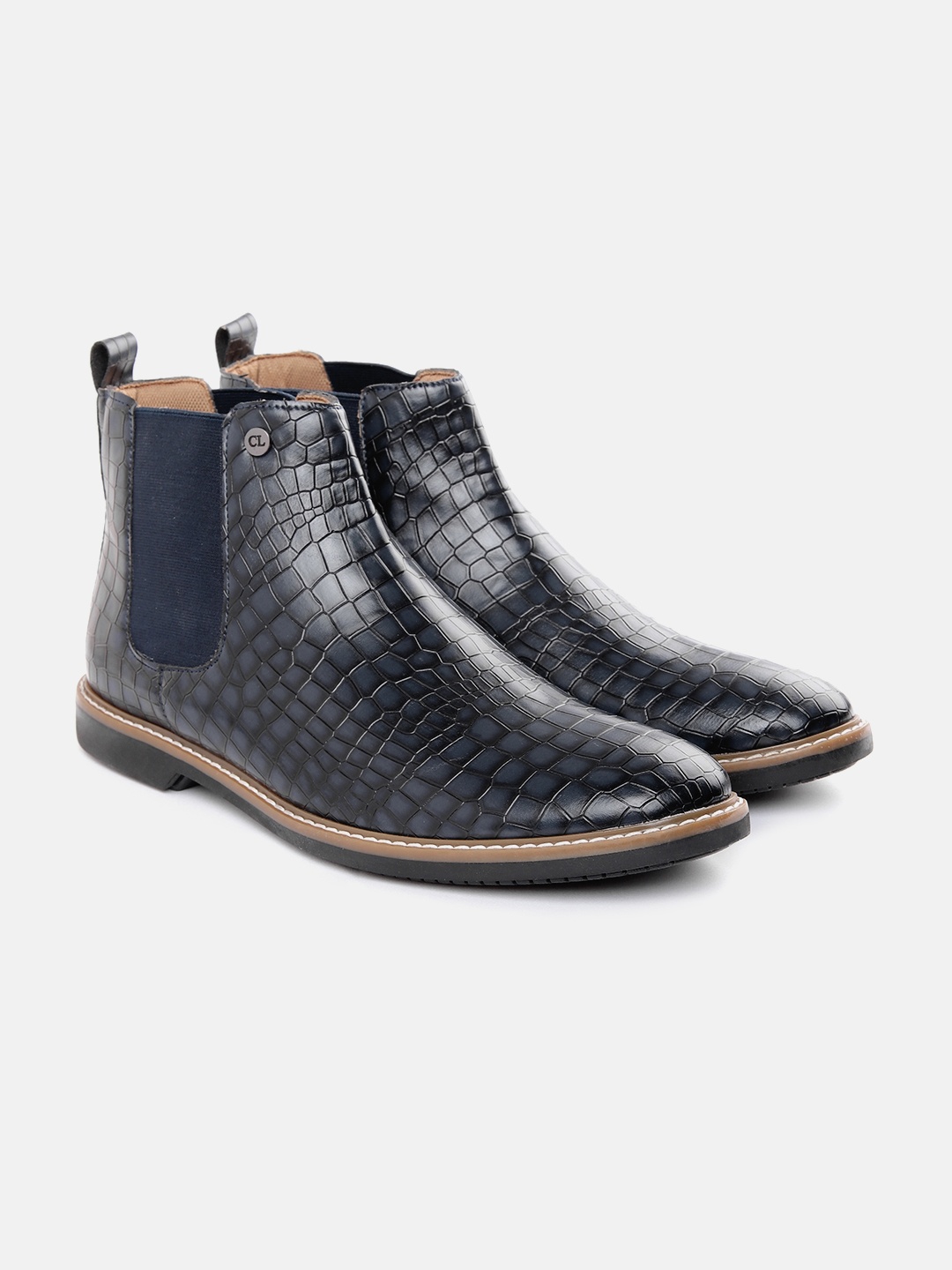 

Carlton London Men Navy Blue Croc Textured Mid-Top Chelsea Boots