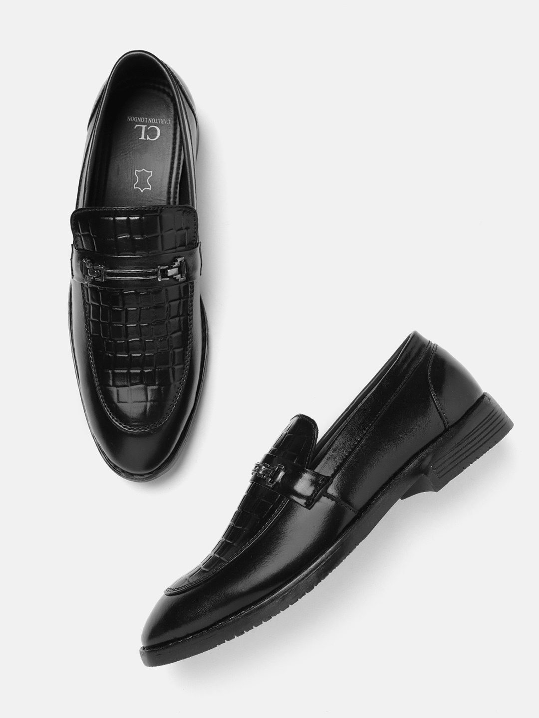 

Carlton London Men Black Croc Textured Horse Bit Loafers
