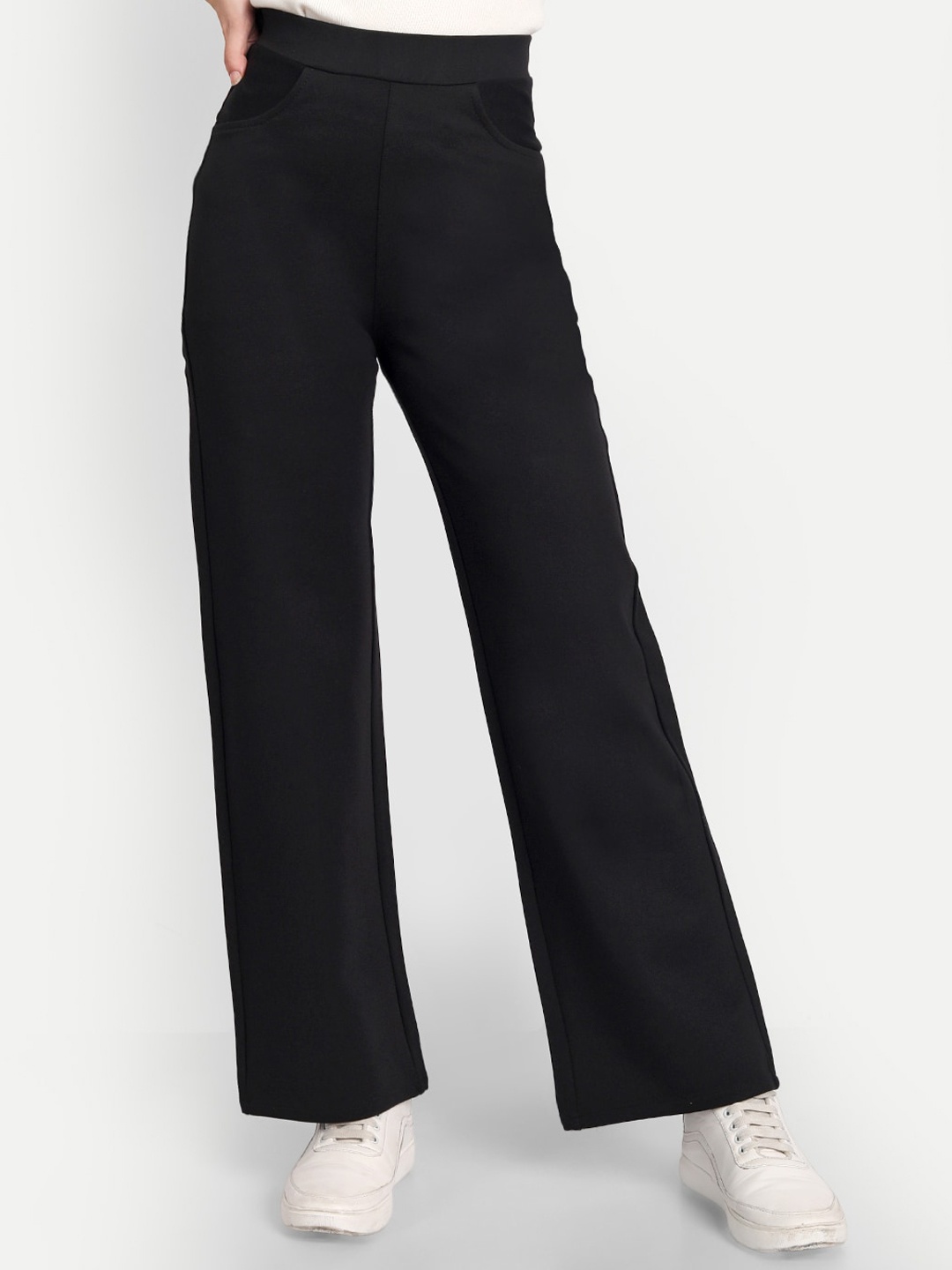 

Next One Women Black Relaxed Straight Leg Loose Fit High-Rise Easy Wash Trousers
