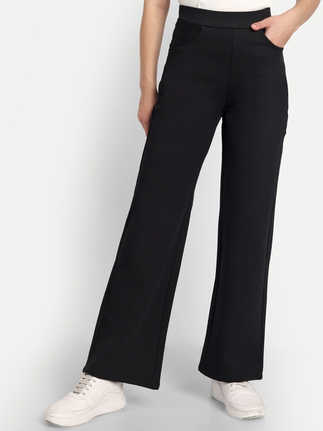 

Next One Women Black Relaxed Straight Leg Loose Fit High-Rise Easy Wash Trousers