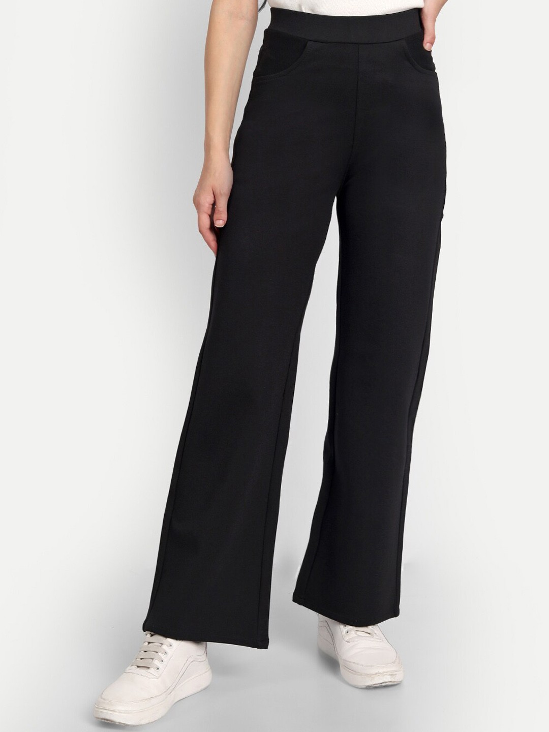 

Next One Women Black Relaxed Straight Leg Loose Fit High-Rise Easy Wash Trousers
