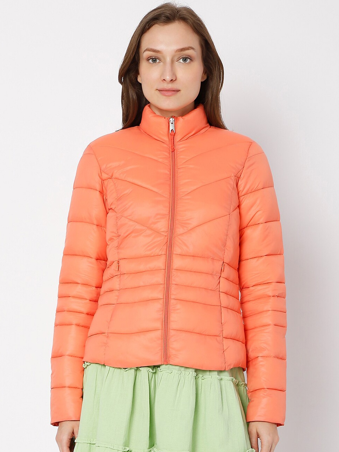 

Vero Moda Women Orange Solid Mock Collar Polyester Puffer Jacket