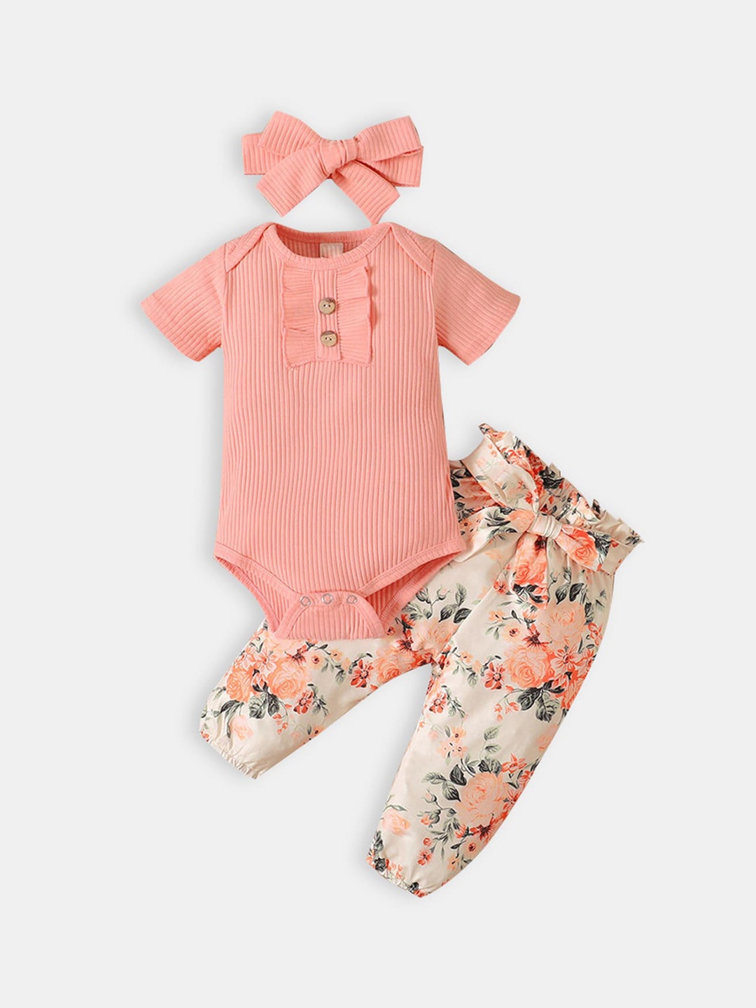 

Hopscotch Girls Pink Solid Onesie And Floral Print Pant Set With Headband