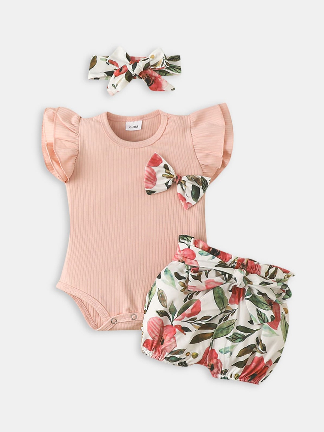 

Hopscotch Girls Pink & White Floral Print Romper with Shorts Comes With a Headband
