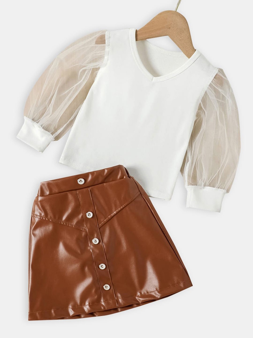 

Hopscotch Girls Brown & Off White Solid Polyester Top with Skirt