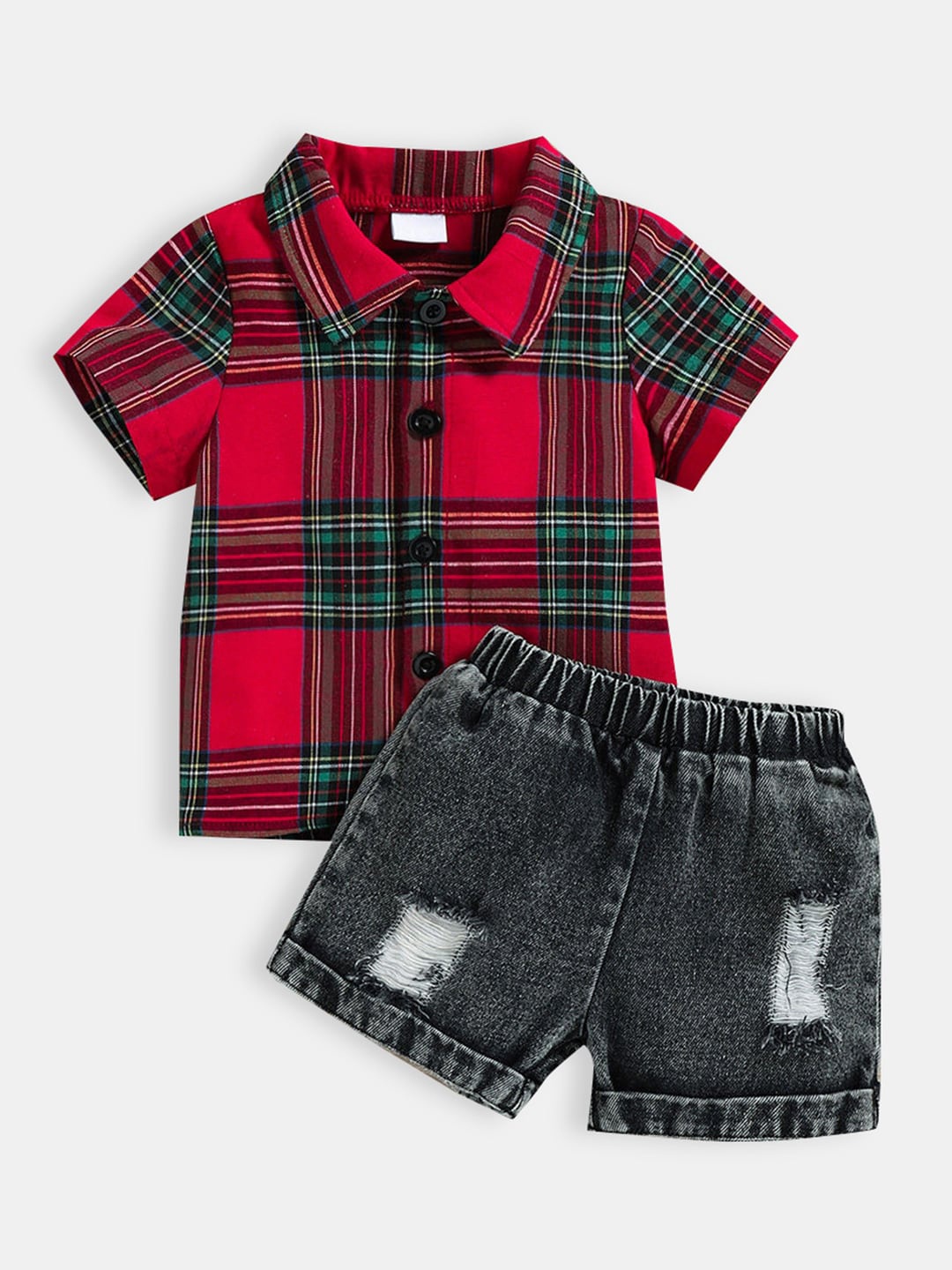 

Hopscotch Boys Red & Green Checked Shirt with Shorts