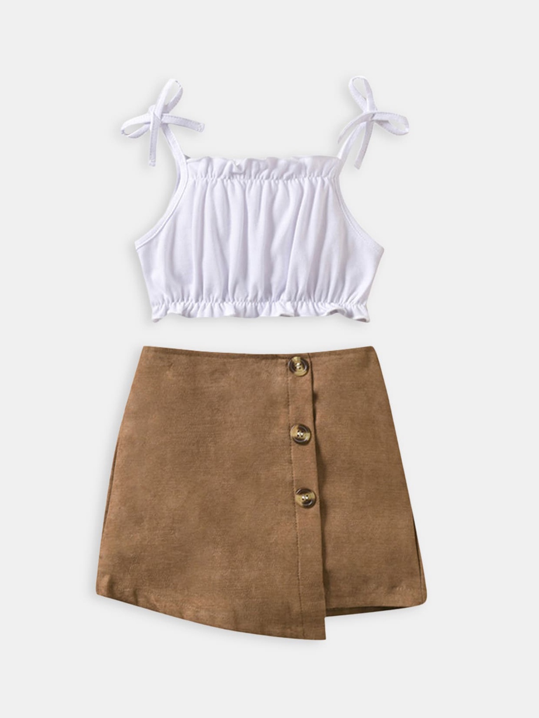 

Hopscotch Girls White & Beige Solid Polyester Tie Up Top with Slip On Skirt