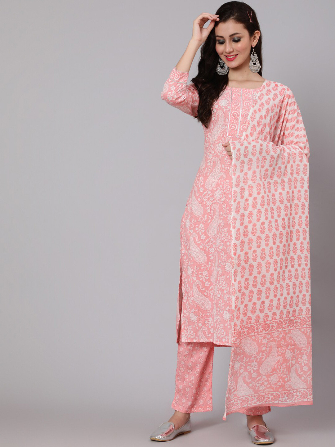 

GLAM ROOTS Women Pink Floral Printed Pure Cotton Kurta with Palazzos & With Dupatta