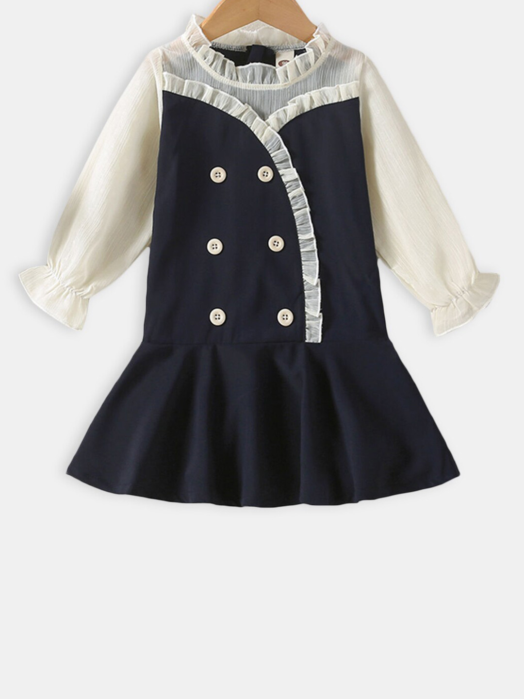 

Hopscotch Girls Navy Blue & White Solid Long Sleeves A-Line Dress