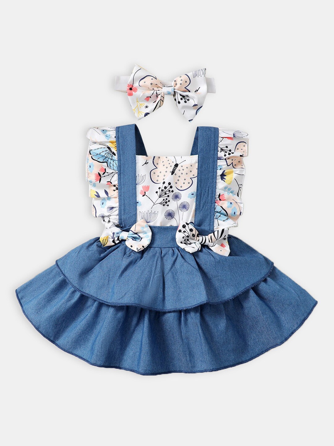 

Hopscotch Girls Blue & White Printed Ruffled Dress With Headband