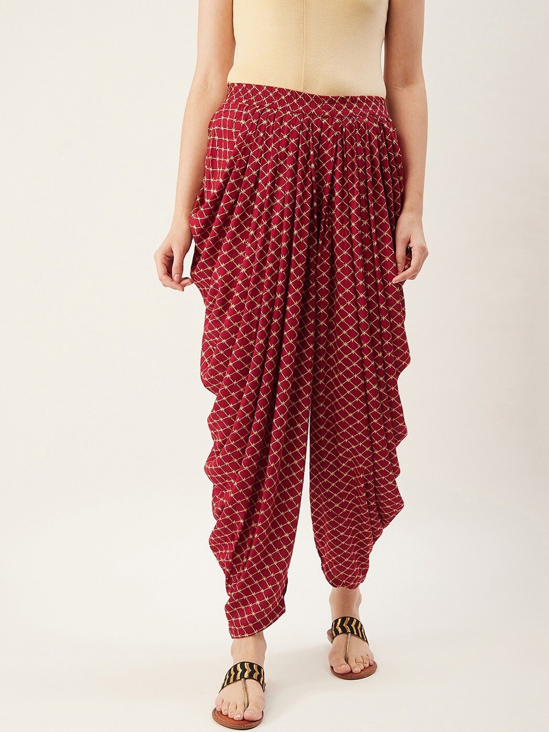 

fabGLOBAL Women Maroon & Gold Printed Cotton Dhoti Pant