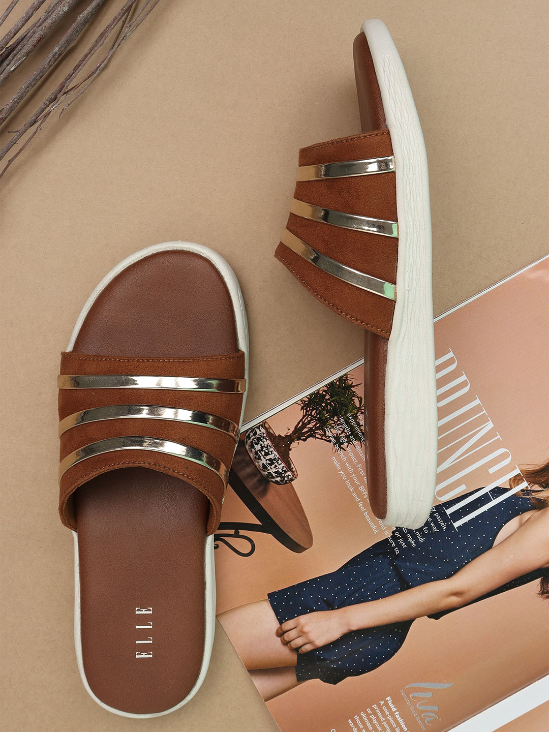 

ELLE Women Brown Striped Open Toe Flats with Bows