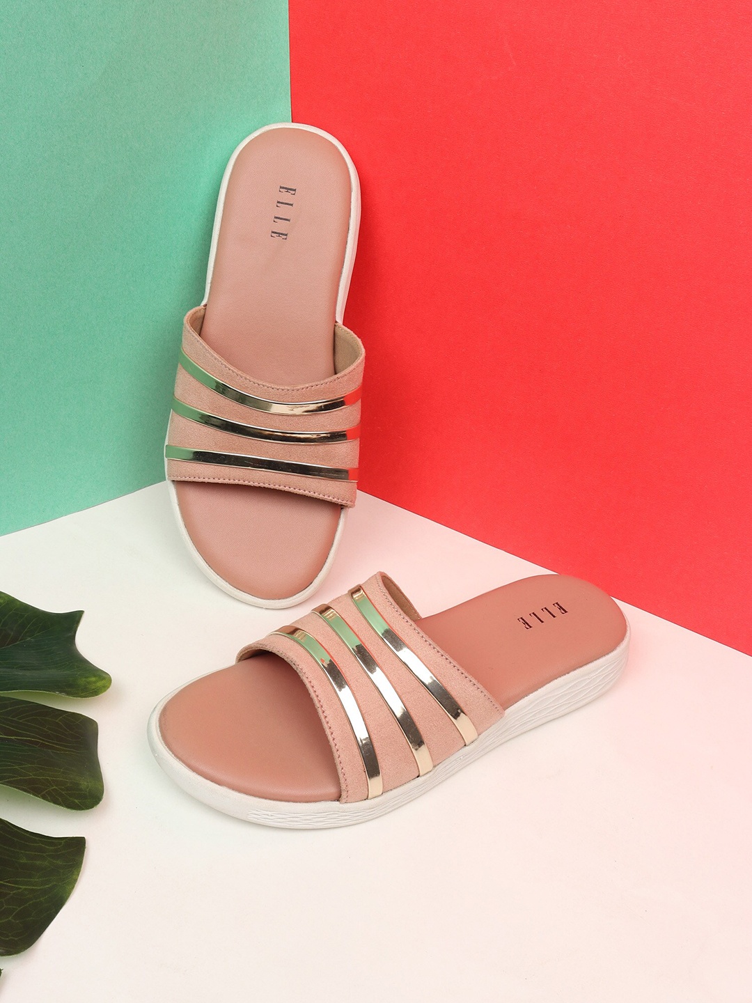 

ELLE Women Peach & Silver Striped Open Toe Flats
