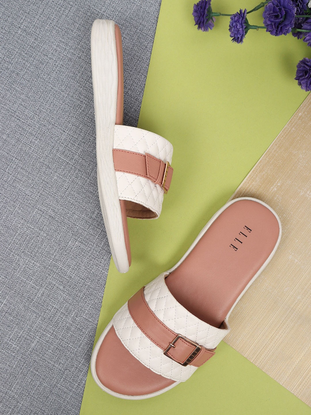 

ELLE Women White & Peach Synthetic Open Toe Flats