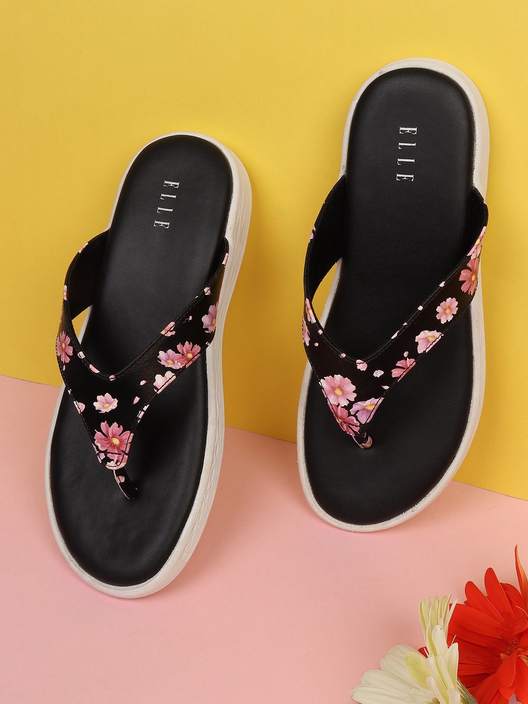 

ELLE Women Black & Pink Floral Printed T-Strap Flats