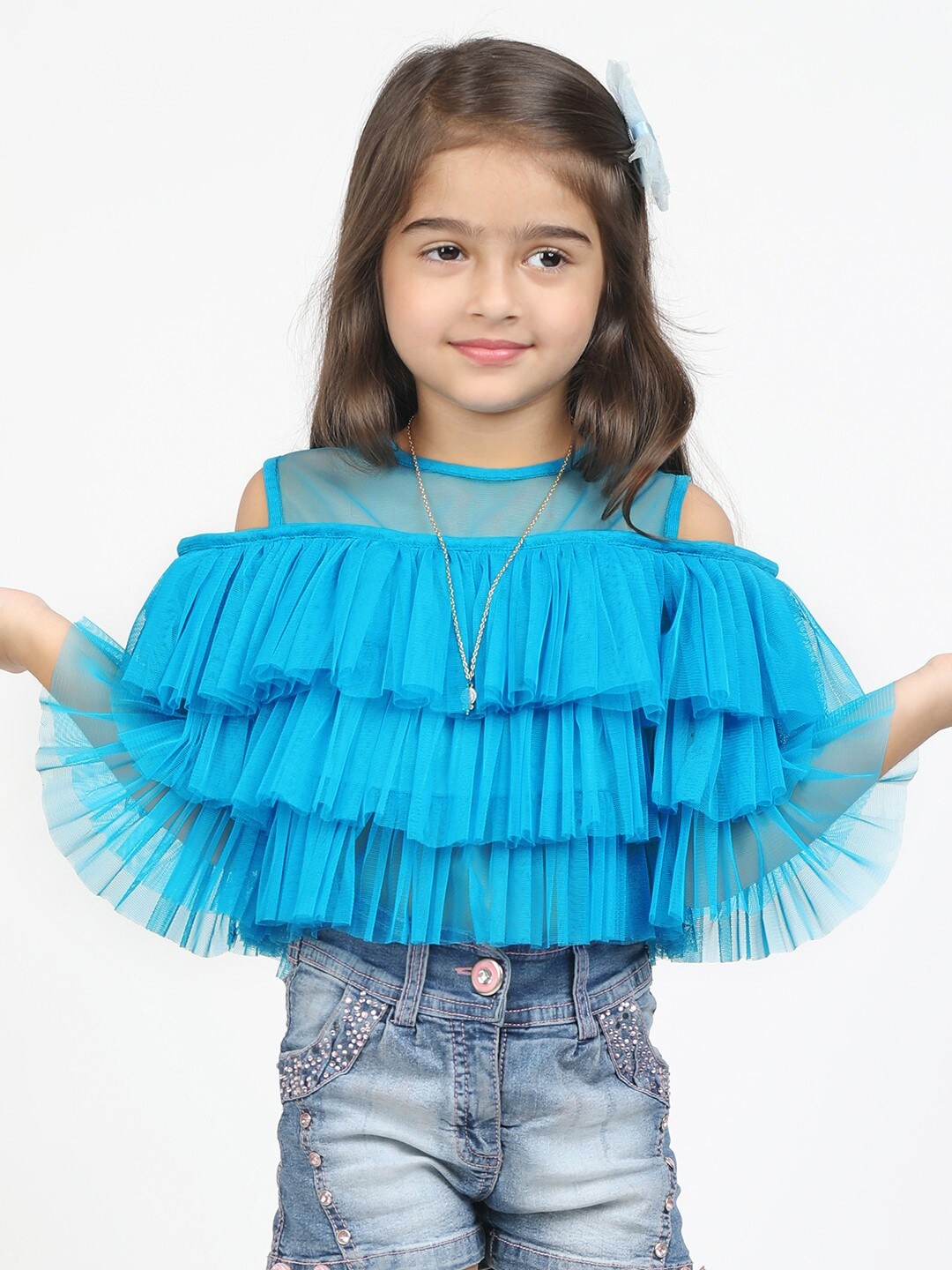 

Jelly Jones Girls Blue Pure Cotton Layered Bardot Crop Top