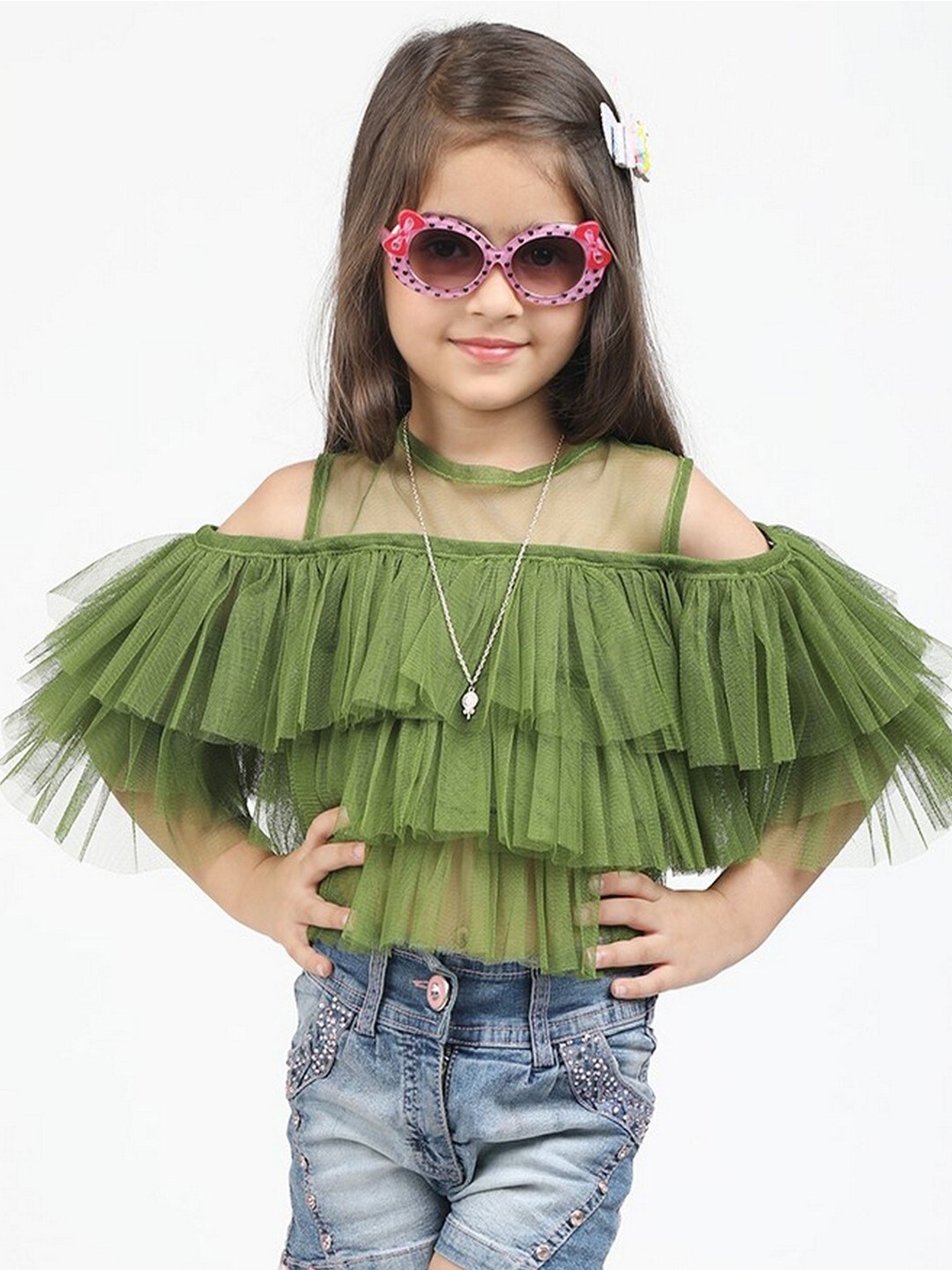 

Jelly Jones Girls Green Pure Cotton Layered Bardot Crop Top