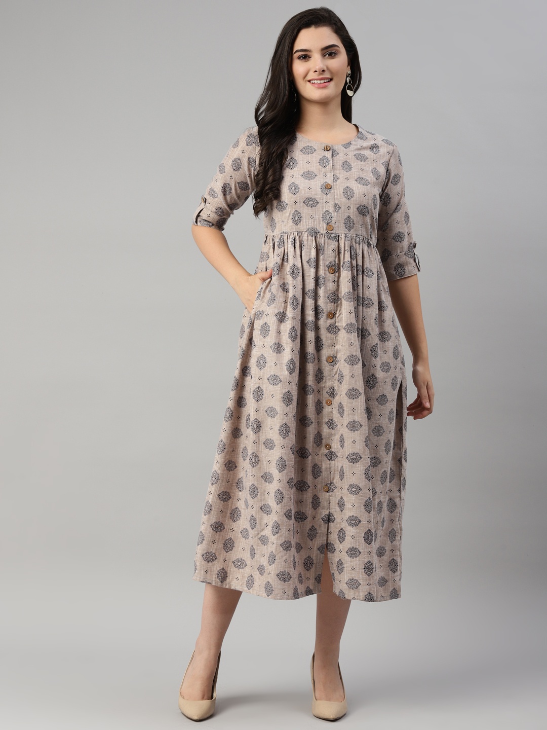 

MALHAAR Women Beige & Black Ethnic Motif Printed A-Line Ethnic Dress