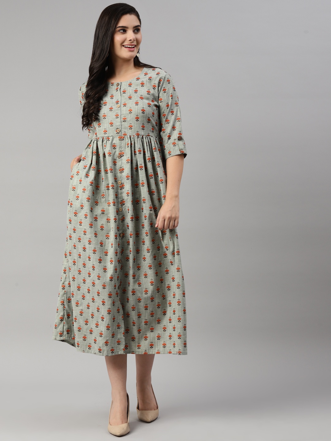 

MALHAAR Women Grey & Orange Ethnic Motif Printed A-Line Ethnic Dress