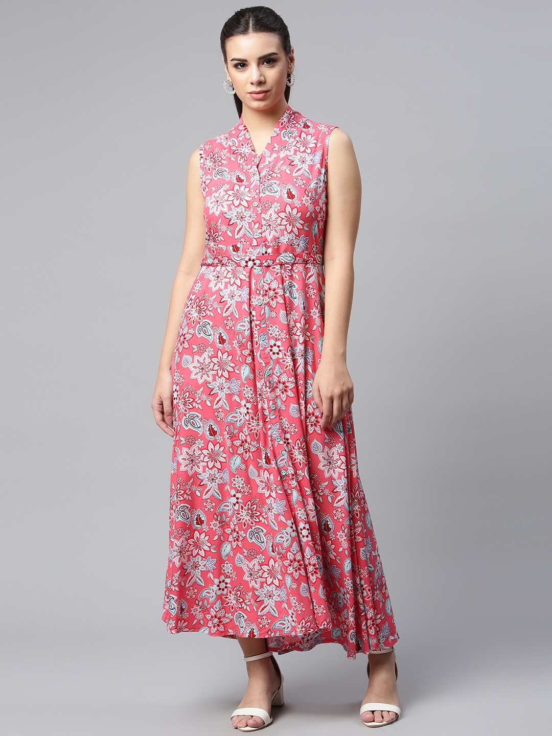 

MALHAAR Pink Floral Ethnic A-Line Maxi Dress