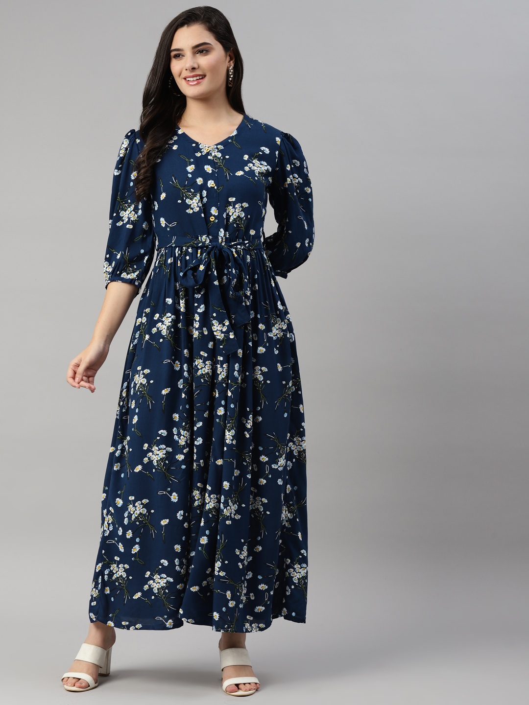 

MALHAAR Navy Blue & White Floral Maxi Dress