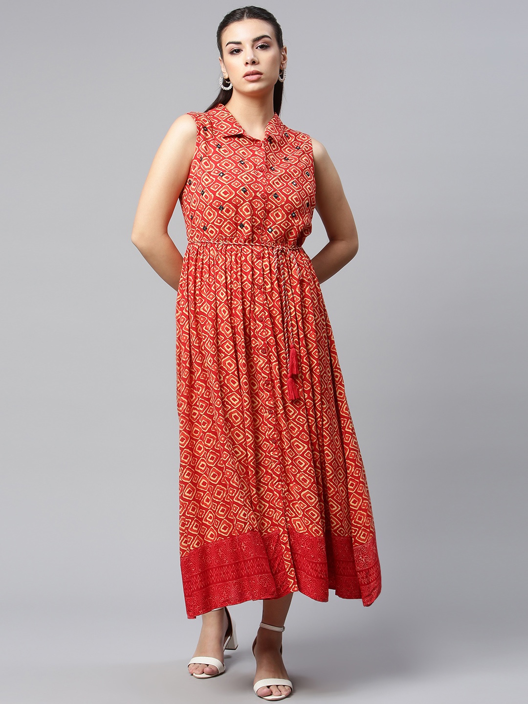 

MALHAAR Red & Beige Ethnic A-Line Midi Dress