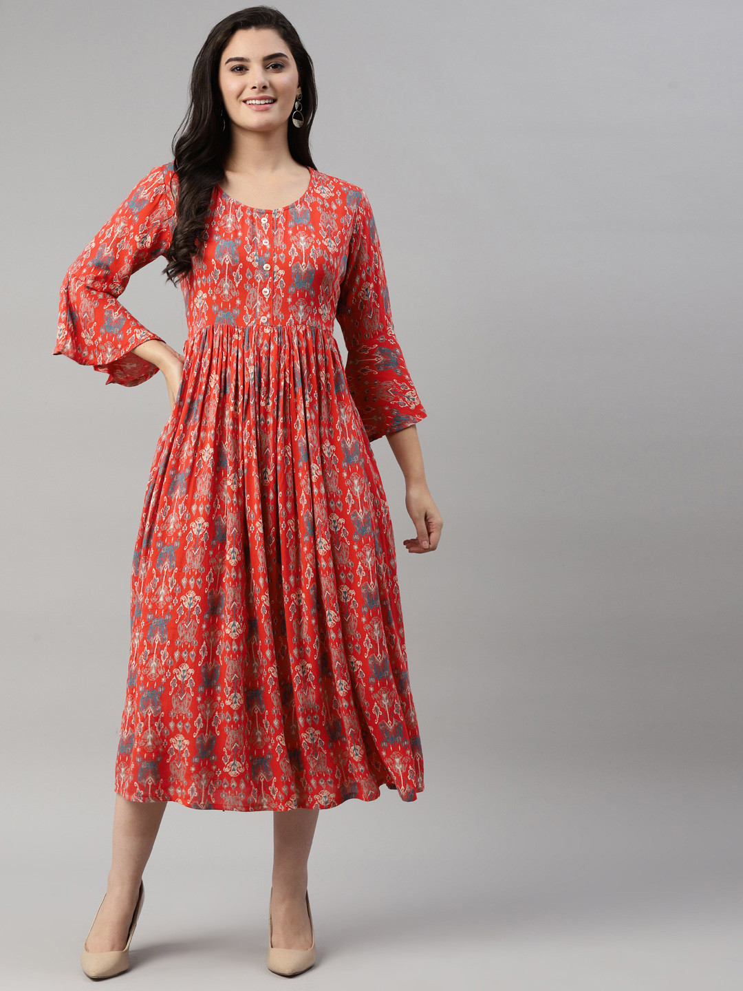 

MALHAAR Red & Beige A-Line Midi Dress