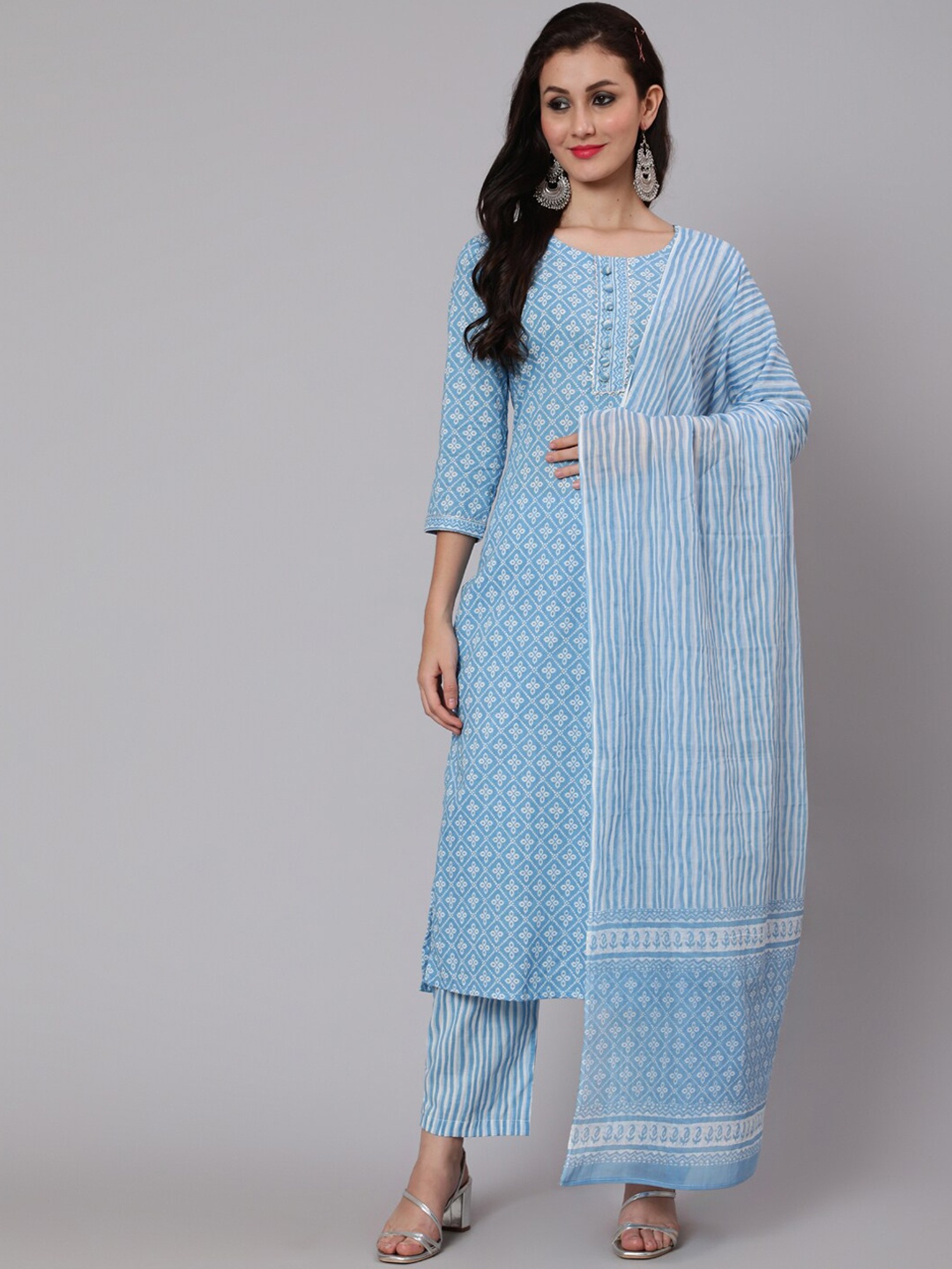 

GLAM ROOTS Women Blue Floral Striped Pure Cotton Kurta with Trousers & With Dupatta