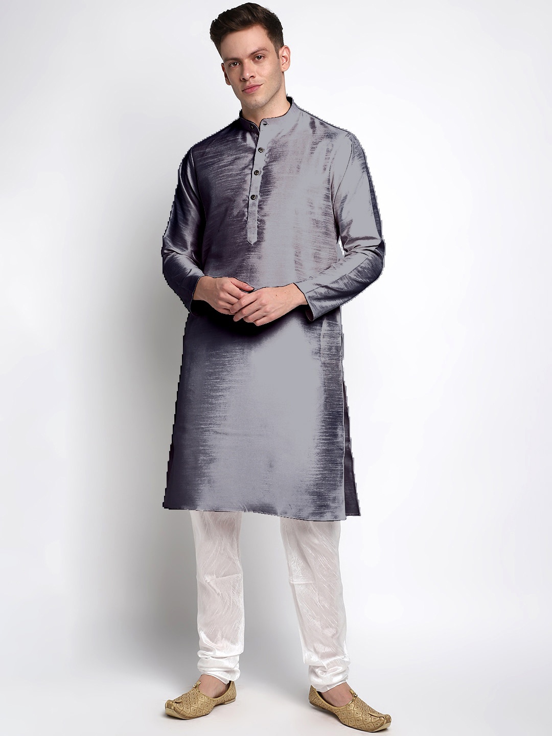 

DEVOILER Men Grey & White Solid Silk Blend Kurta with Churidar