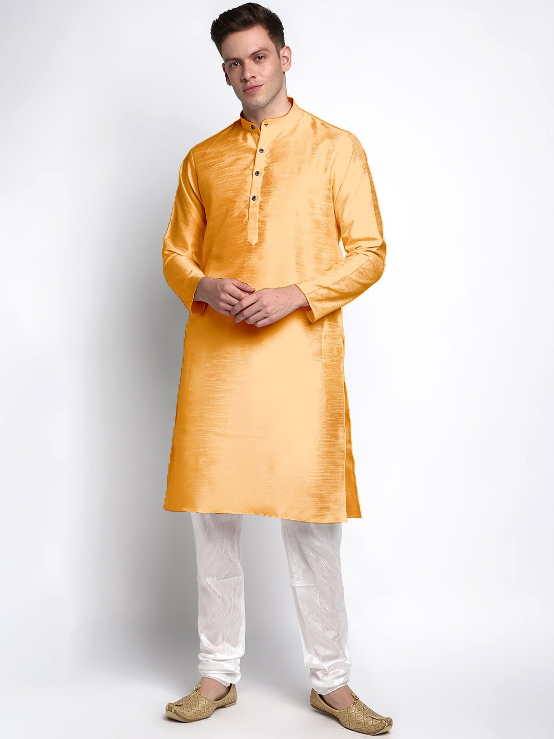 

DEVOILER Men Yellow & White Solid Straight Kurta with Churidar