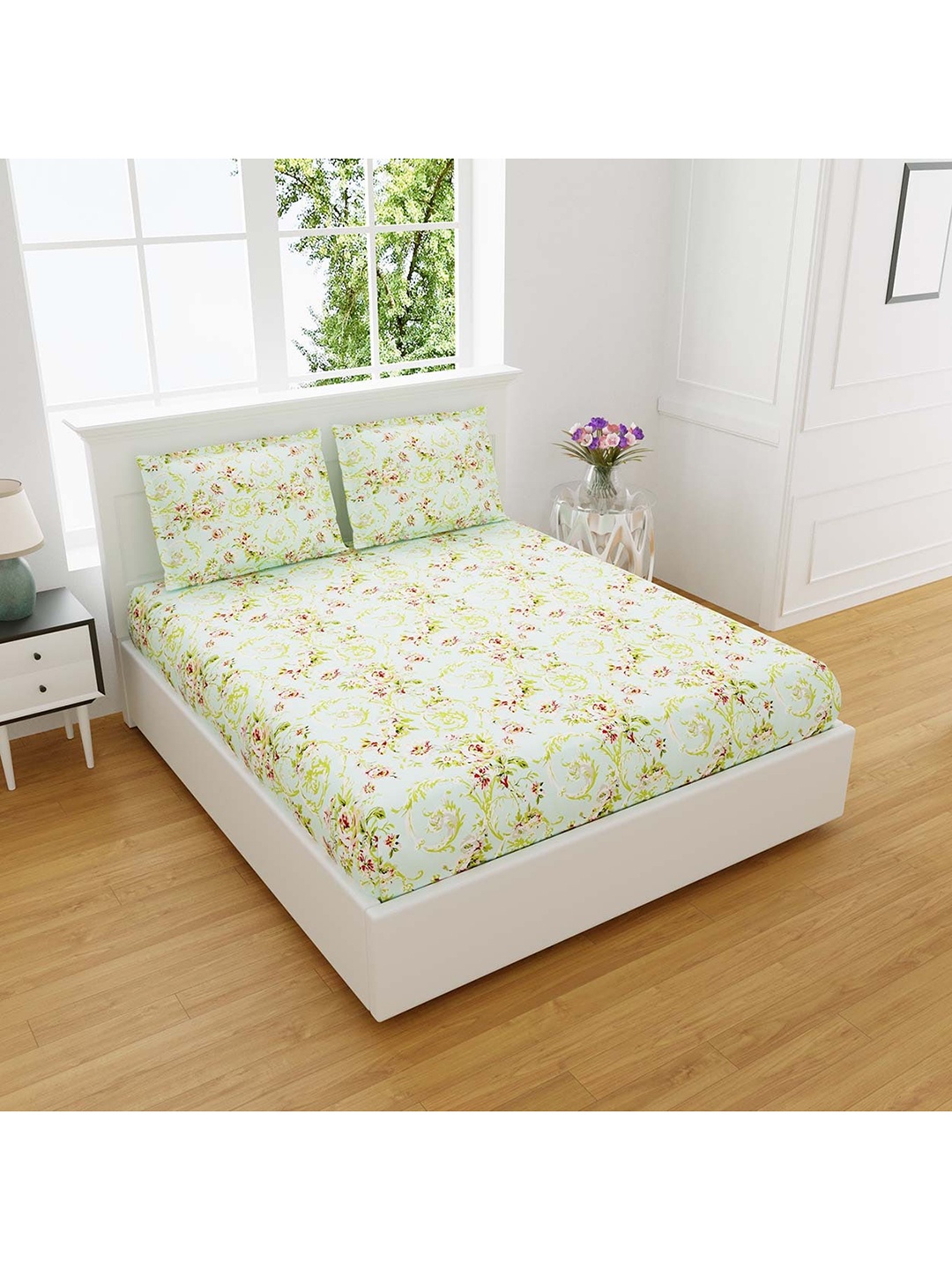 

EasyGoods Unisex Green 320 TC King Size Pure Cotton Floral Bedsheet with 2 Pillow Covers