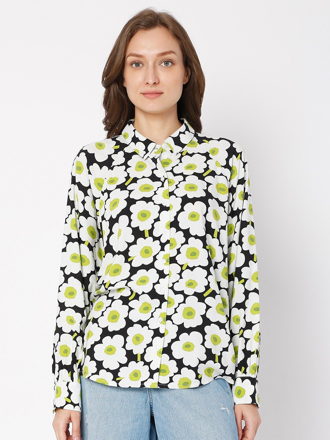 

Vero Moda Women Navy Blue Floral Printed Viscose Rayon Casual Shirt