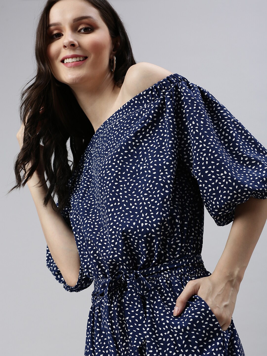 

SHOWOFF Women Navy Blue & White Off-Shoulder Printed Basic Jumpsuit