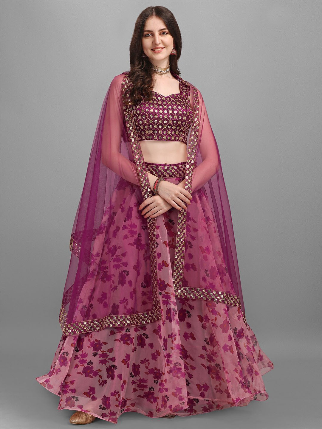 

Fashionuma Pink & Gold-Toned Printed Semi-Stitched Lehenga & Unstitched Blouse With Dupatta