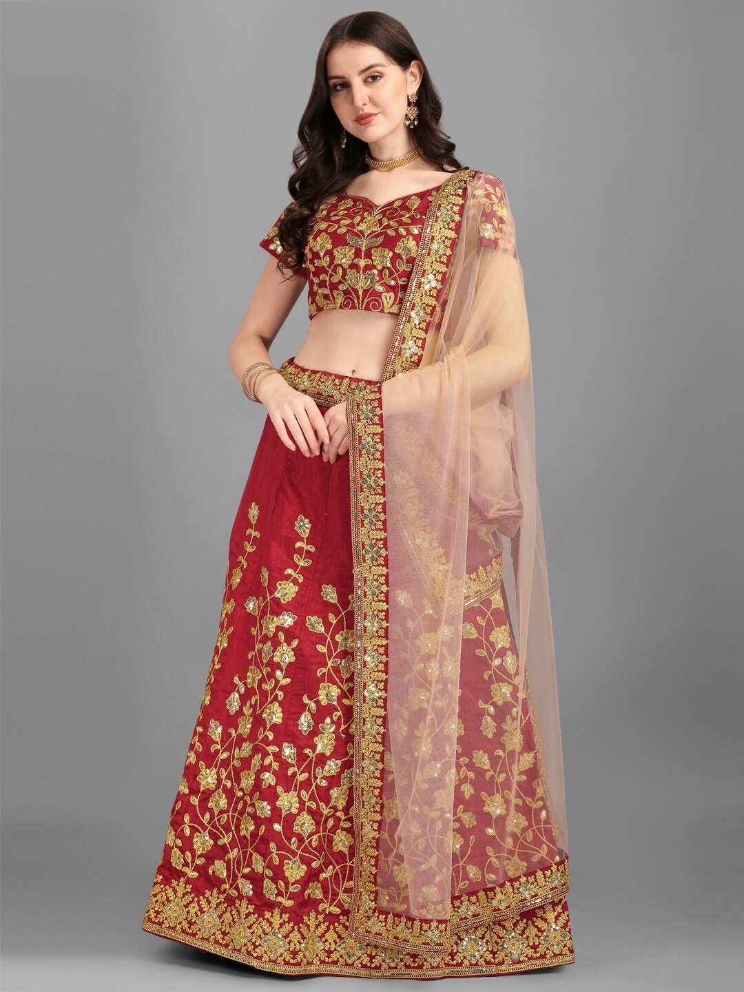 

Fashionuma Maroon & Gold-Toned Embroidered Semi-Stitched Lehenga & Unstitched Blouse With Dupatta