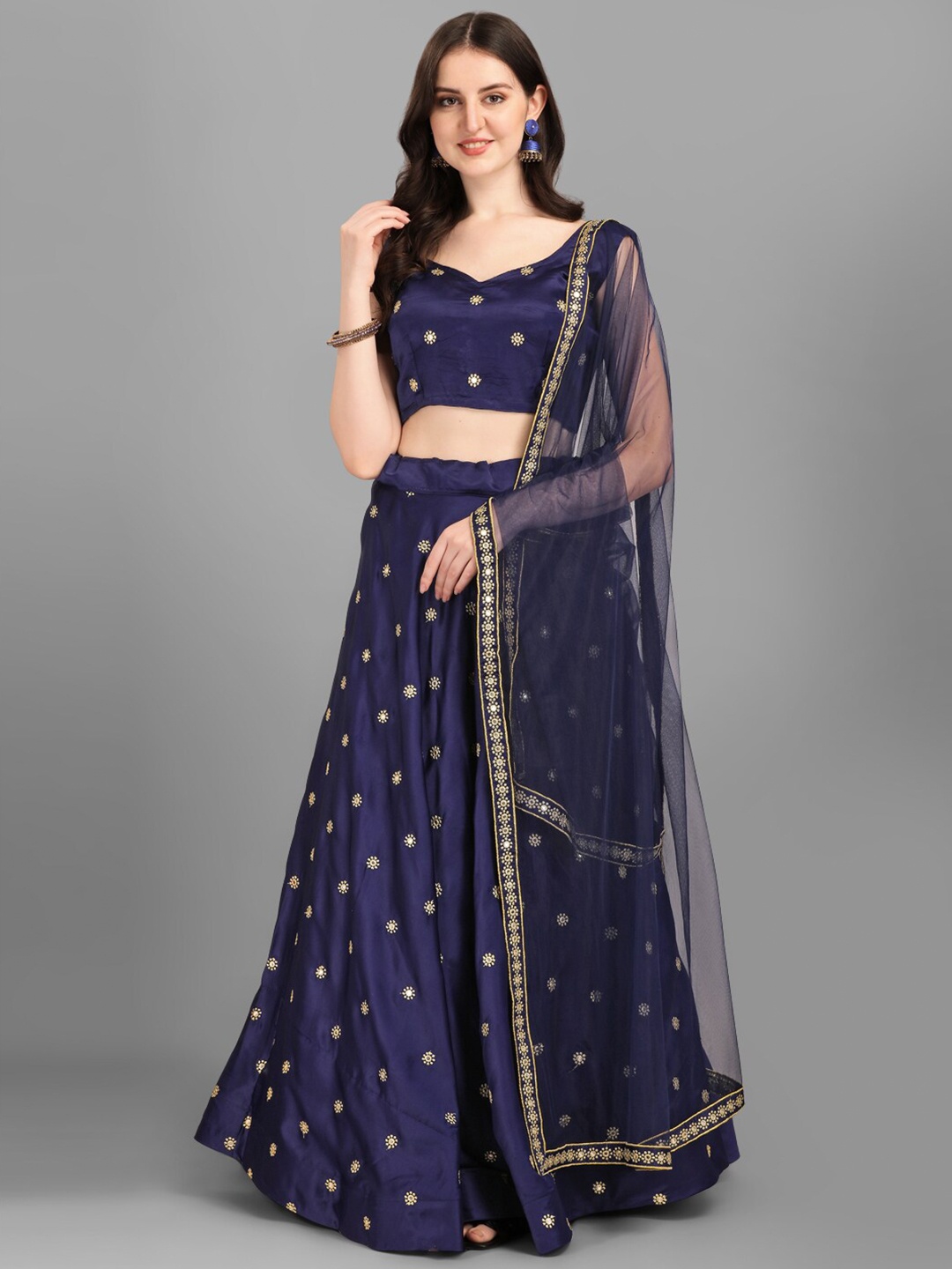 

Fashionuma Blue & Gold-Toned Embroidered Semi-Stitched Lehenga & Unstitched Blouse With Dupatta