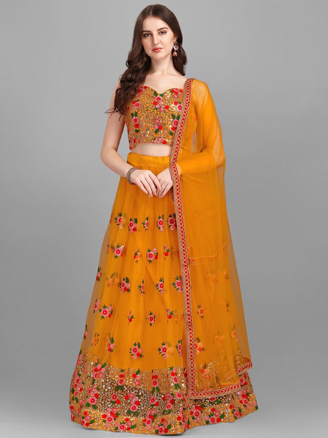 

Fashionuma Yellow & Pink Embellished Sequinned Semi-Stitched Lehenga & Unstitched Blouse With Dupatta