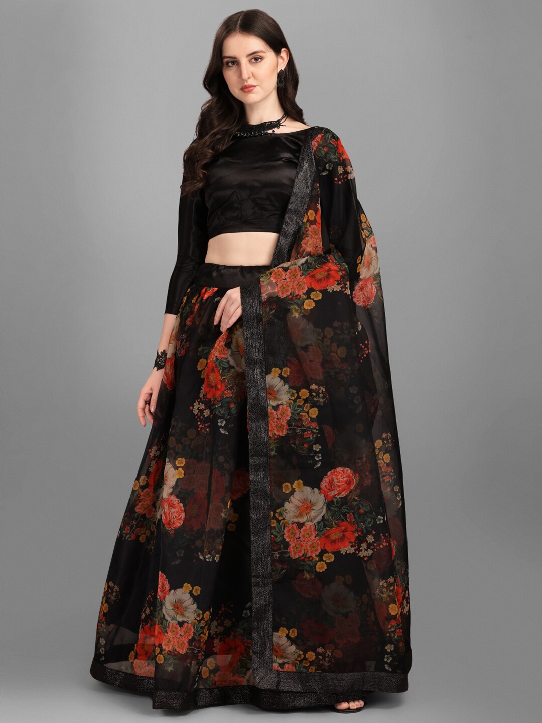 

Fashionuma Black & Red Printed Semi-Stitched Lehenga & Unstitched Blouse With Dupatta