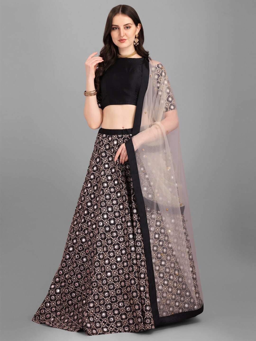 

Fashionuma Black & Beige Embroidered Semi-Stitched Lehenga & Unstitched Blouse With Dupatta