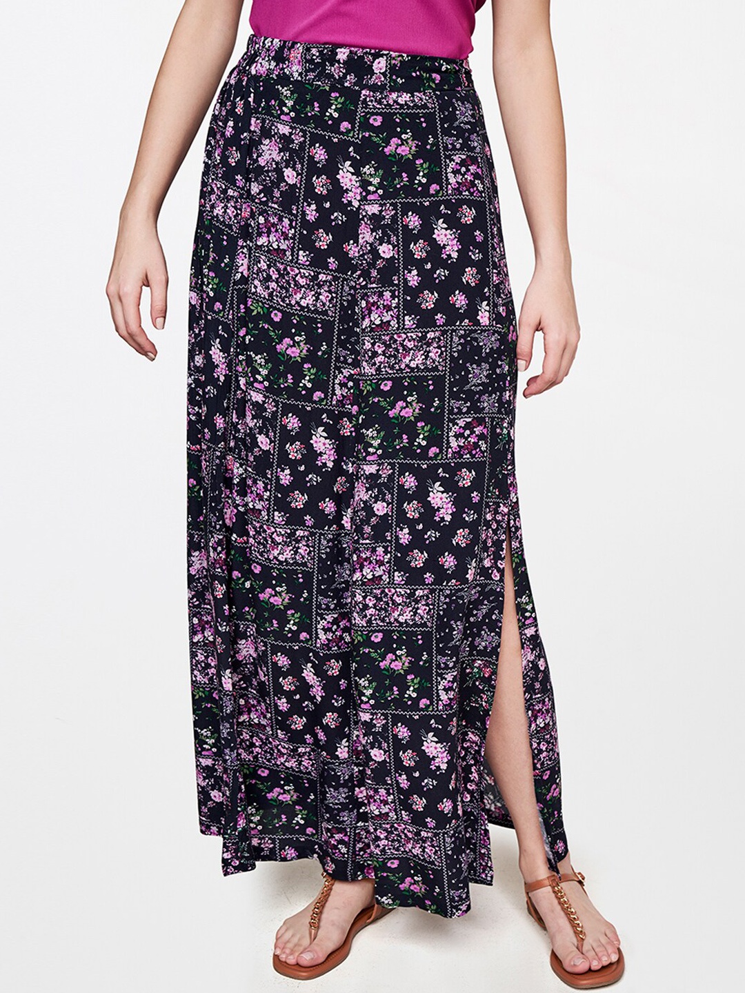 

AND Women Purple & Black Printed Viscose Rayon Maxi A-Line Skirt