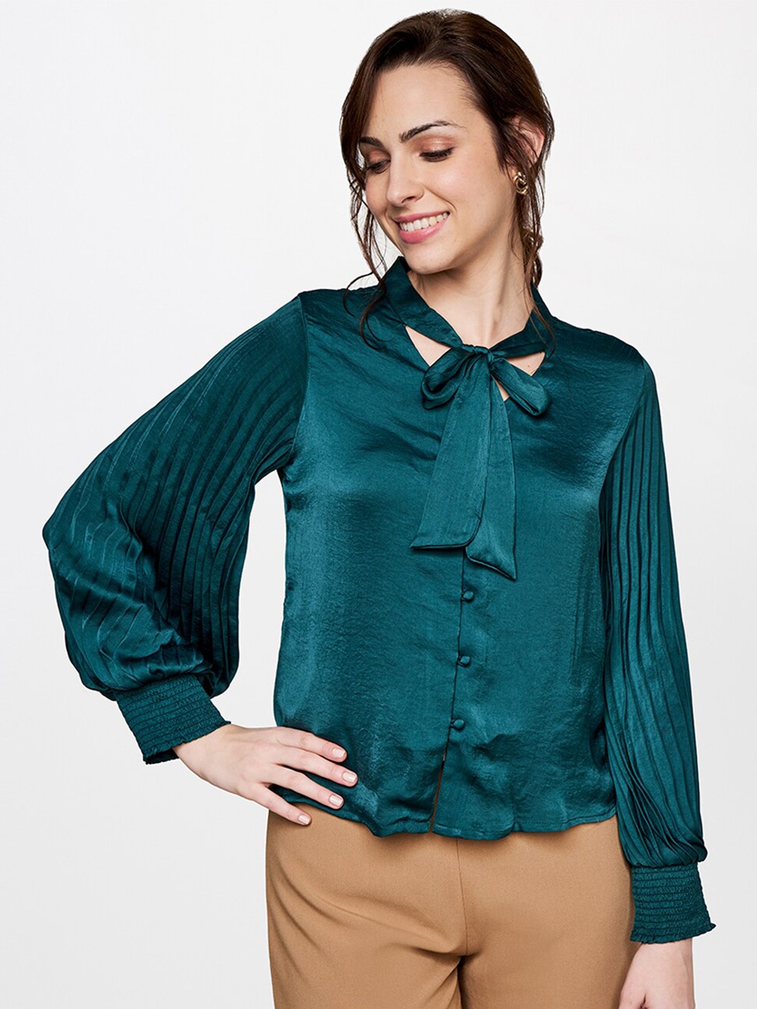 

AND Women Teal Tie-Up Neck Bishop Sleeves Shirt Style Top