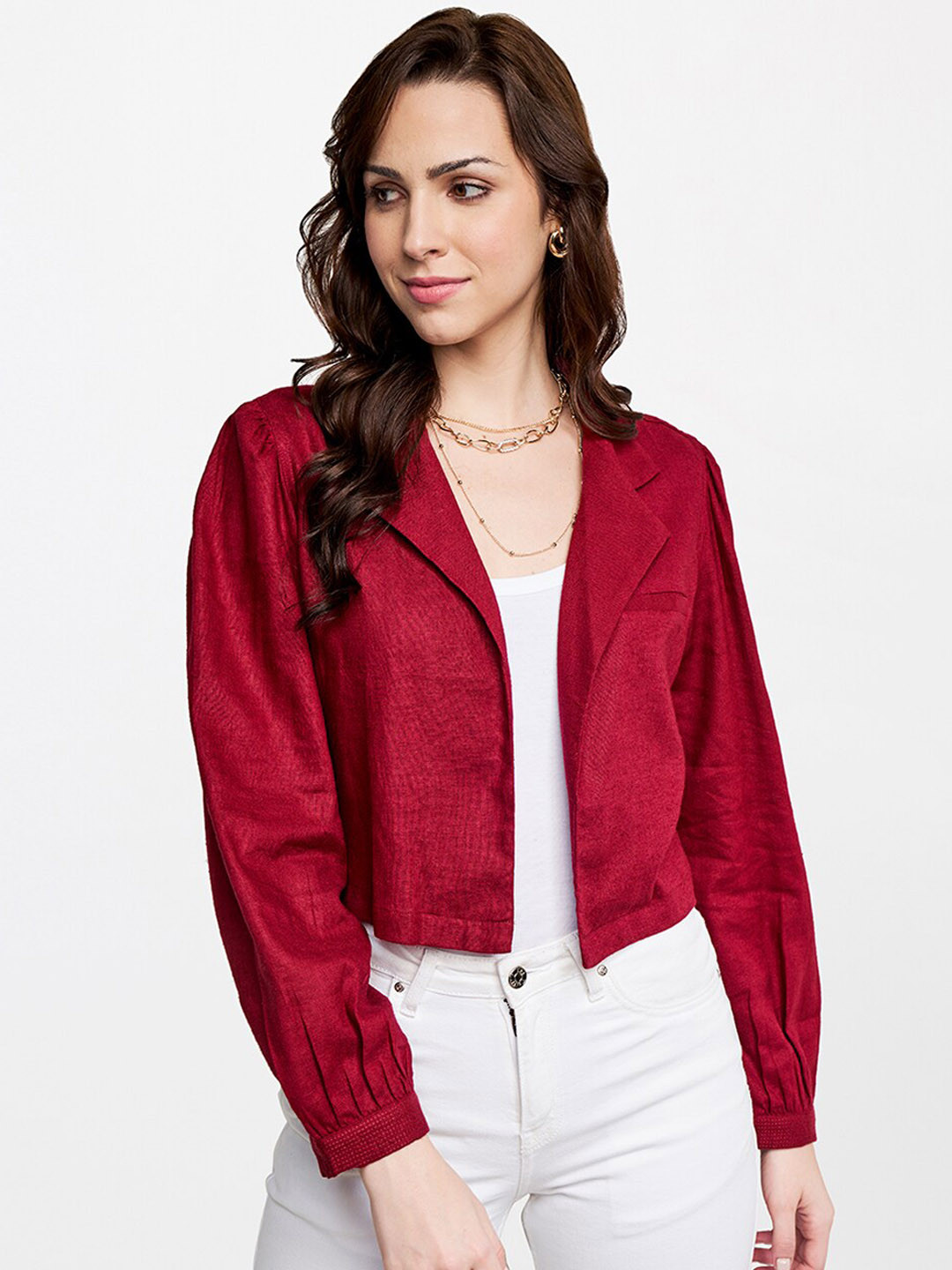 

AND Women Red Colourblocked Crop Tailored Jacket