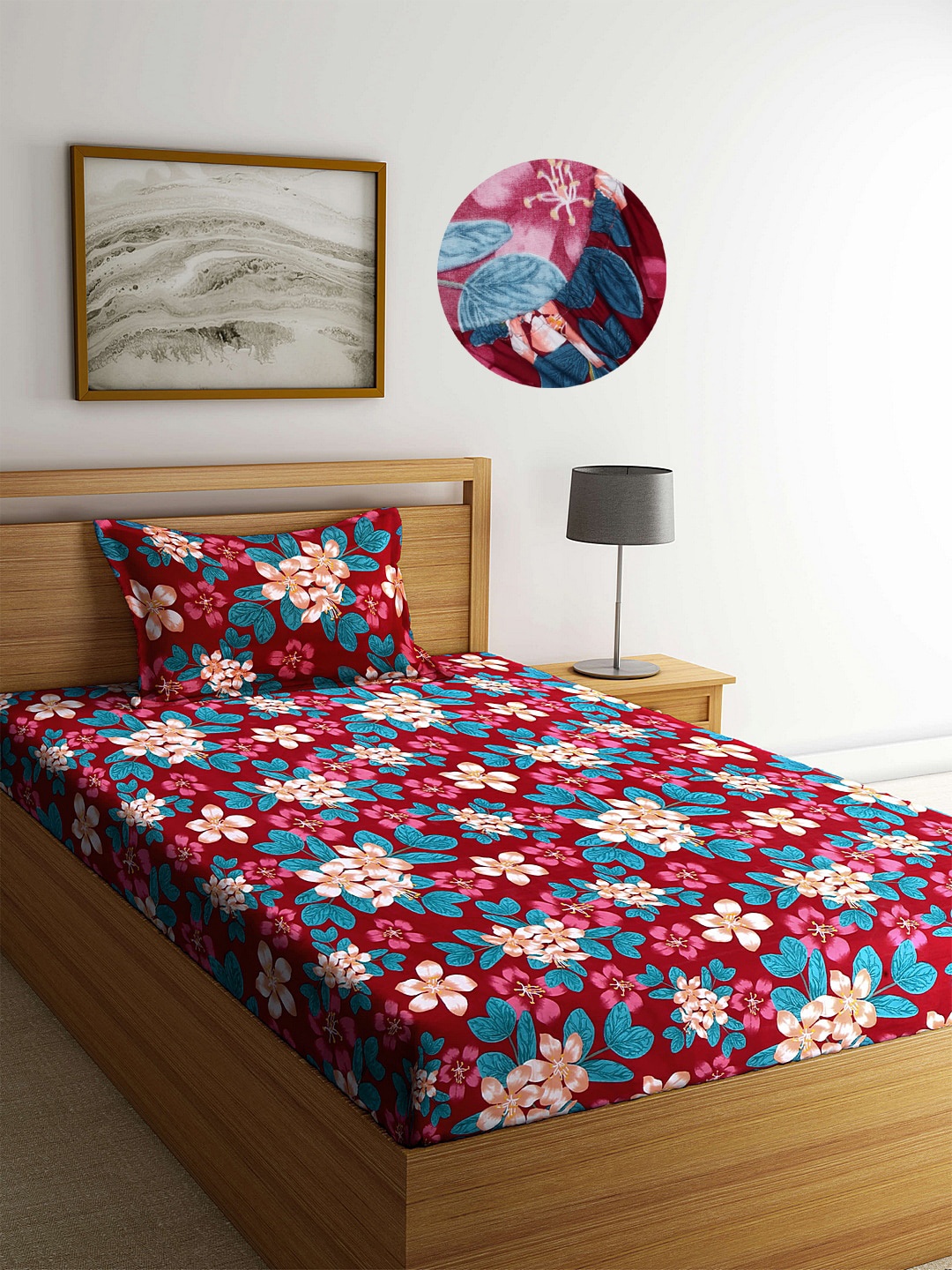 

Arrabi Red & Blue Floral 300 TC Single Fitted Bedsheet with 1 Pillow Cover