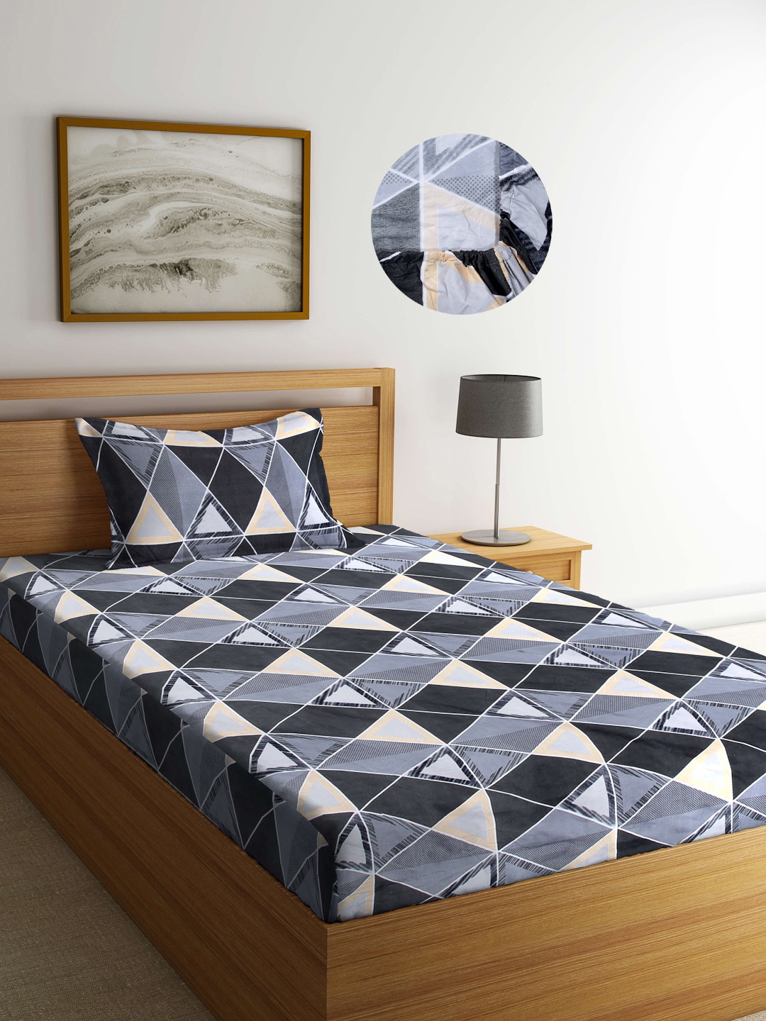 

Arrabi Grey & Cream-Coloured Geometric 300 TC Single Bedsheet with 1 Pillow Covers